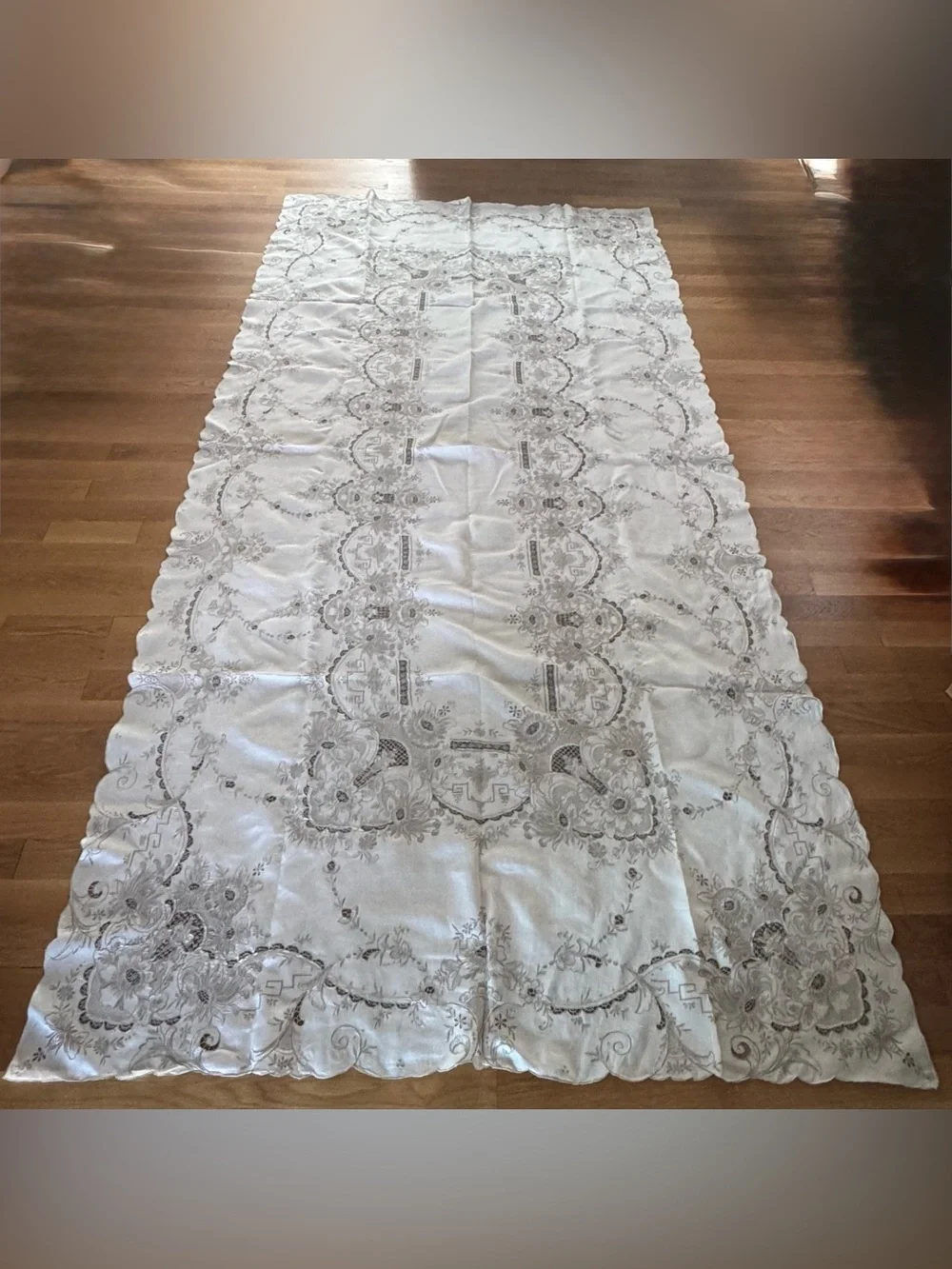 Vintage White Embroidered Cutwork Tablecloth 131” x 63” Floral Scalloped